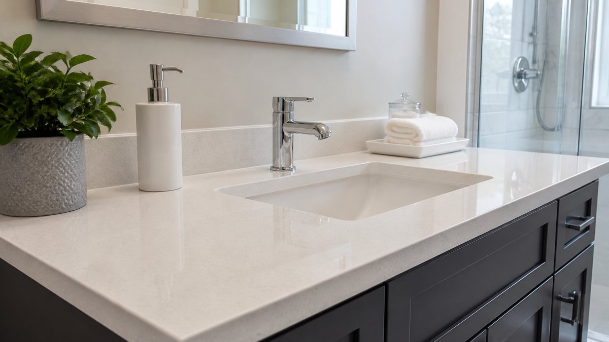 Close-up of a bathroom vanity with a white quartz countertop and undermount sink, showing clean edges and a modern faucet in a bright bathroom