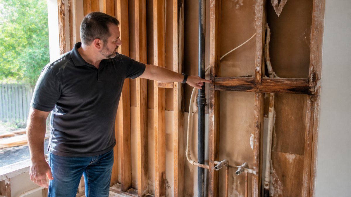 Professional contractor examining exposed kitchen wall framing during renovation, pointing to structural elements and areas of concern with visible damage, in natural daylight from open wall
