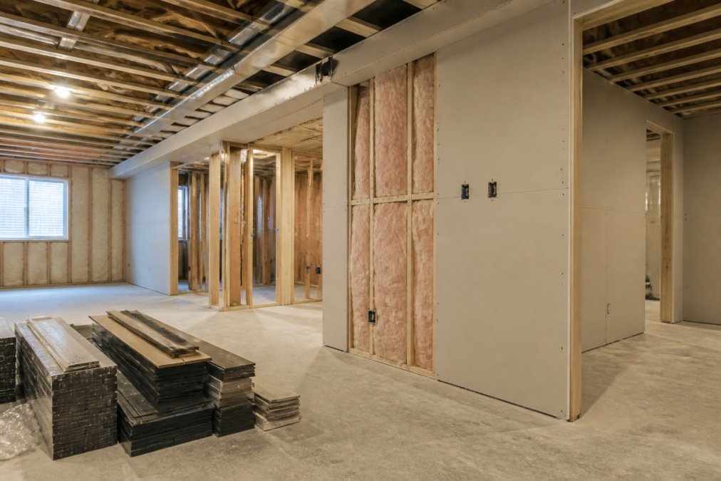 Professional basement renovation in progress showing drywall installation, electrical rough-in visible in walls, fiberglass insulation partially installed between studs, and stacks of flooring materials staged on the concrete floor