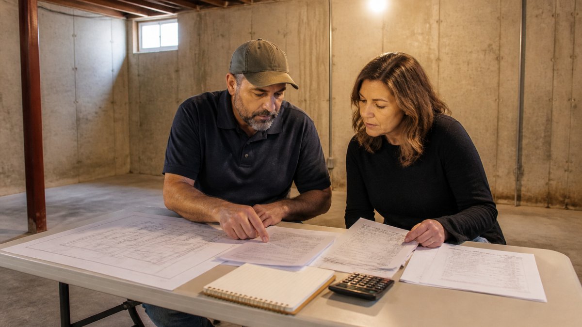 A contractor and homeowner reviewing blueprints and a written quote on a folding table inside an unfinished basement with bare concrete walls and a single work light