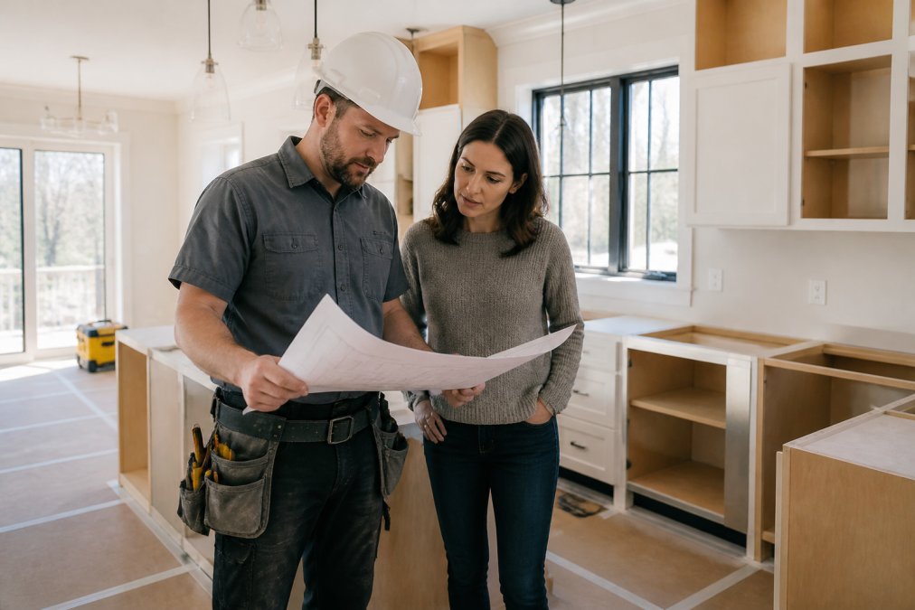 A project manager in a hard hat reviewing blueprints with a homeowner inside a bright, partially renovated kitchen with protective floor coverings