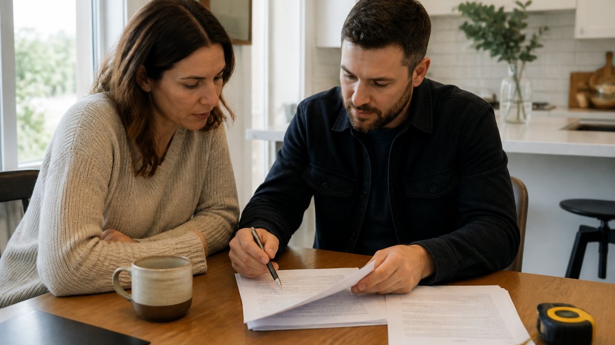 Professional homeowner and contractor reviewing written contract together at kitchen table with coffee and documents visible, natural window lighting