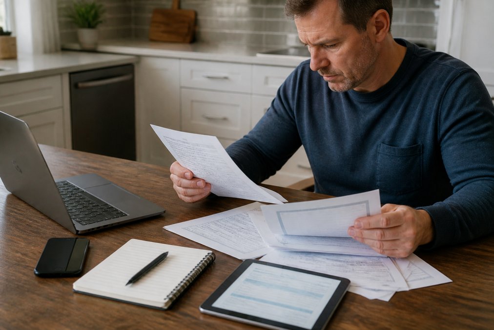 Homeowner reviewing contractor insurance certificates and licensing documents at a kitchen table with a laptop, paperwork, and a tablet showing verification information