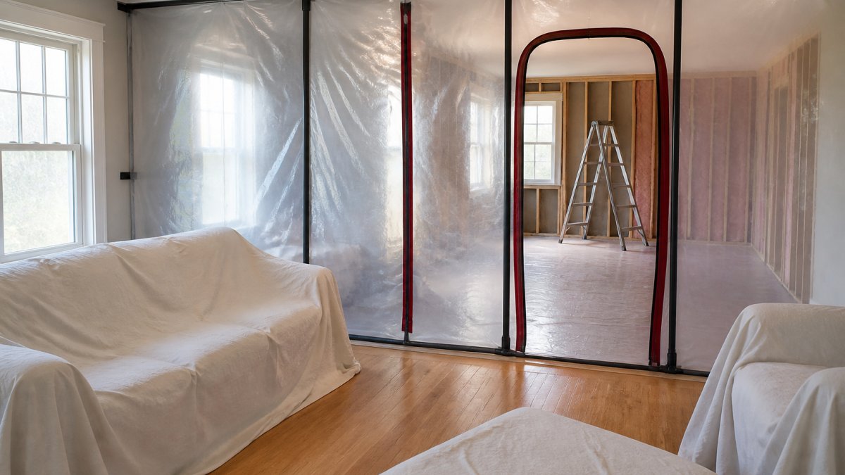 Professional renovation work area sealed with heavy-duty plastic sheeting and zip walls, showing protective barriers separating the construction zone from a clean living room with furniture covered in white drop cloths, natural daylight visible through windows