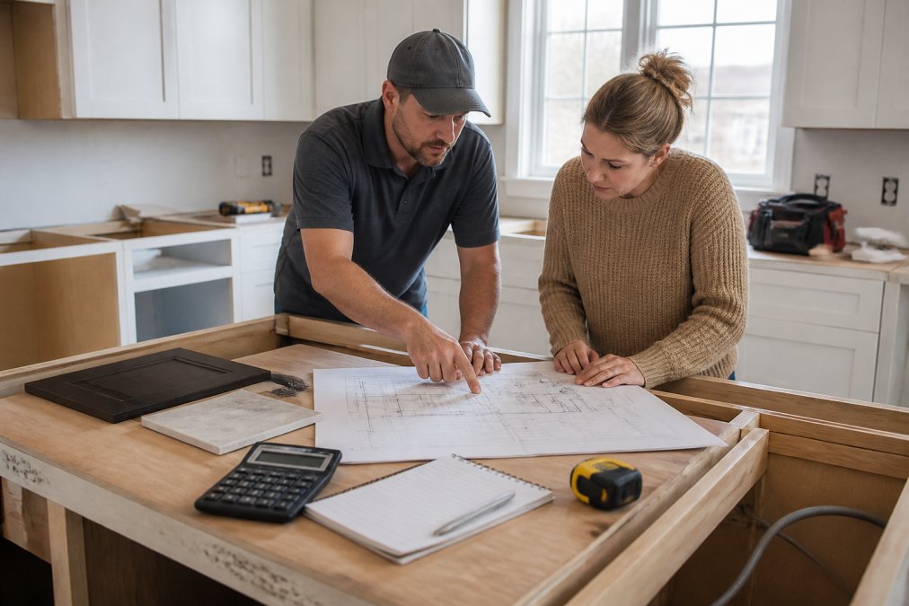 Contractor and homeowner reviewing renovation plans on a kitchen island under construction