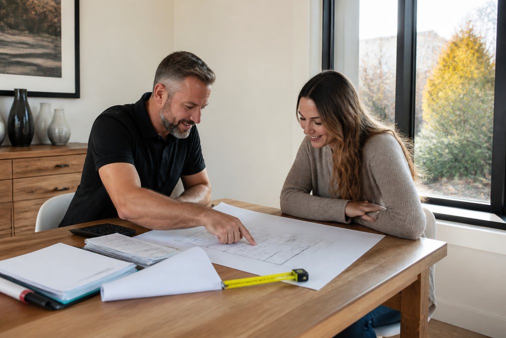 Professional construction manager reviewing architectural plans and budget spreadsheets with a homeowner in a bright, organized office with natural light streaming through windows