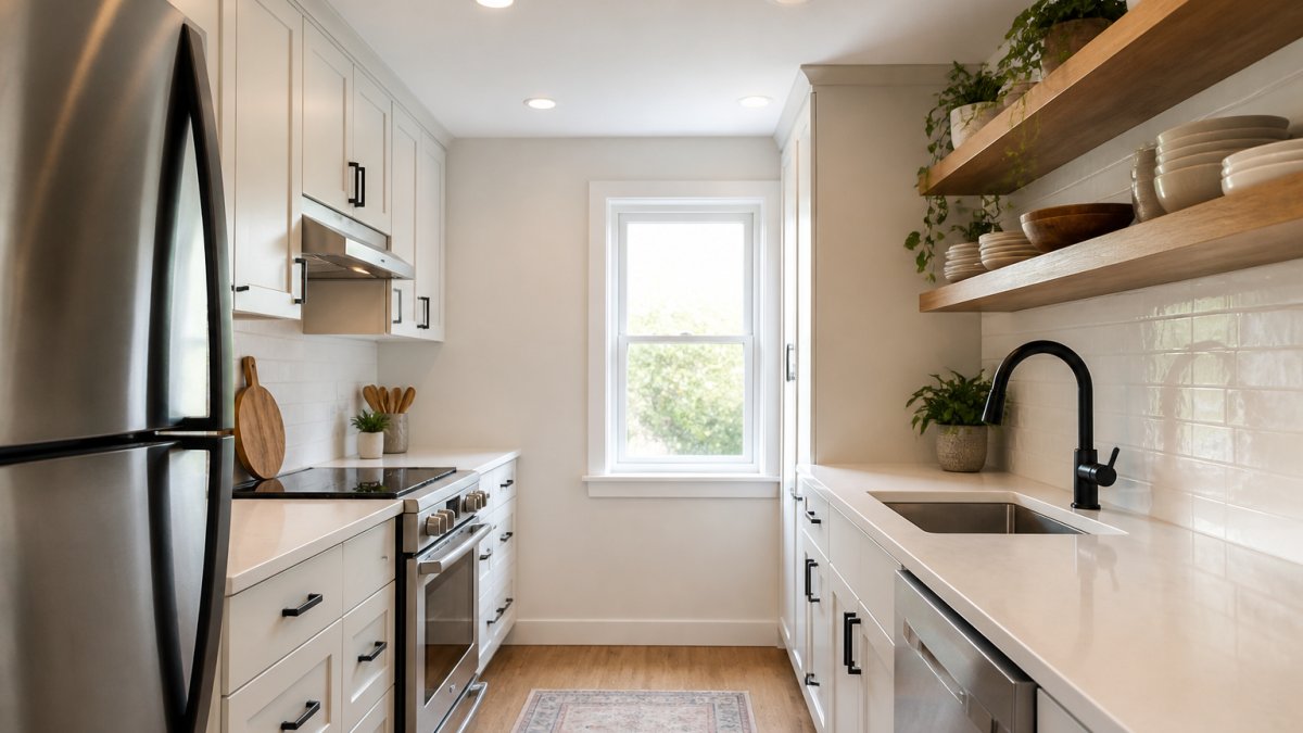Finished small kitchen with low ceilings showing galley layout, light-colored ceiling-height cabinets, recessed lighting fixtures flush with ceiling, and open shelving creating bright, airy feel with white walls and natural light from window
