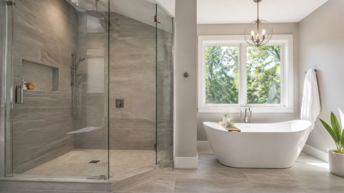 A bright renovated bathroom with a glass-enclosed walk-in shower on one side and a white freestanding bathtub on the other, large window with natural light, grey tile floor